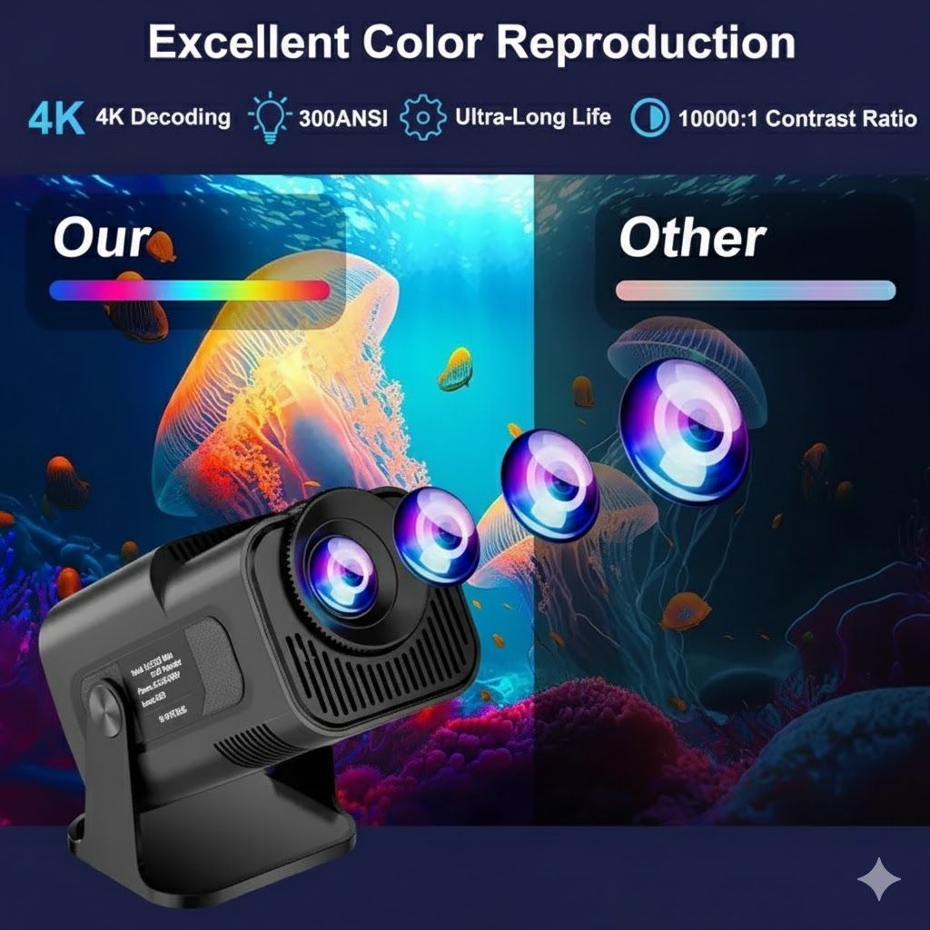 Android HY320 Mini Portable Projector 4K 300 ANSI with WiFi and Bluetooth, Native 1080P Smart Projector with Android 11, Support WiFi 6 BT5.0 Auto Keystone Correction Upgrade from HY300 Projector