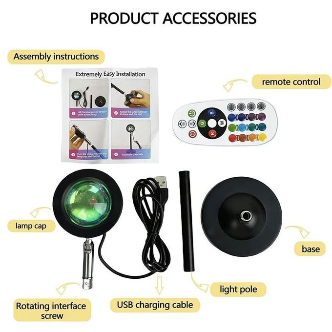 360 rotatable LED RGB Sunset lamp USB mood lighting, 16 colors RGB with remote control rainbow projection night light warm ambient glow, bedroom Home and Party photography background Sunset Lamp decor