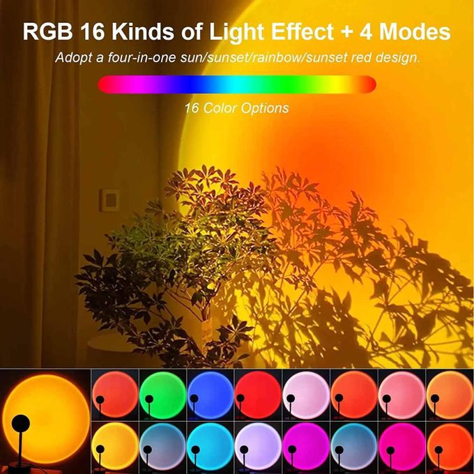 360 rotatable LED RGB Sunset lamp USB mood lighting, 16 colors RGB with remote control rainbow projection night light warm ambient glow, bedroom Home and Party photography background Sunset Lamp decor