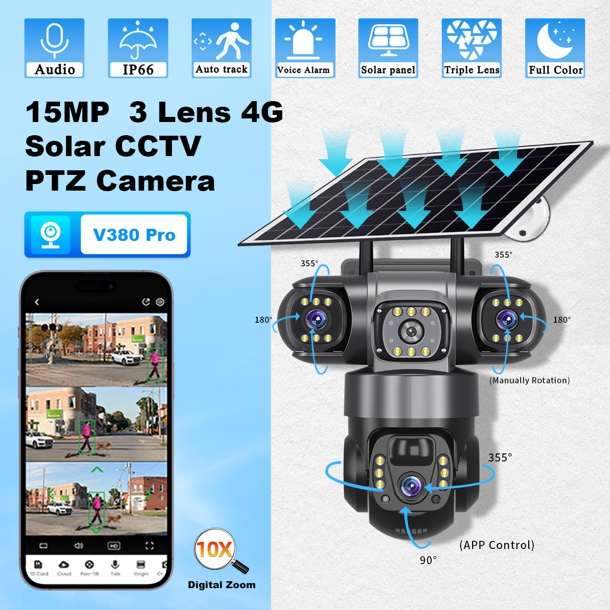 V380 PRO Wireless Solar Light Outdoor Powered 4G 3LENS AI Human Night Vision Motion Tracking Waterproof PTZ Security CCTV Surveillance LED Street Camera