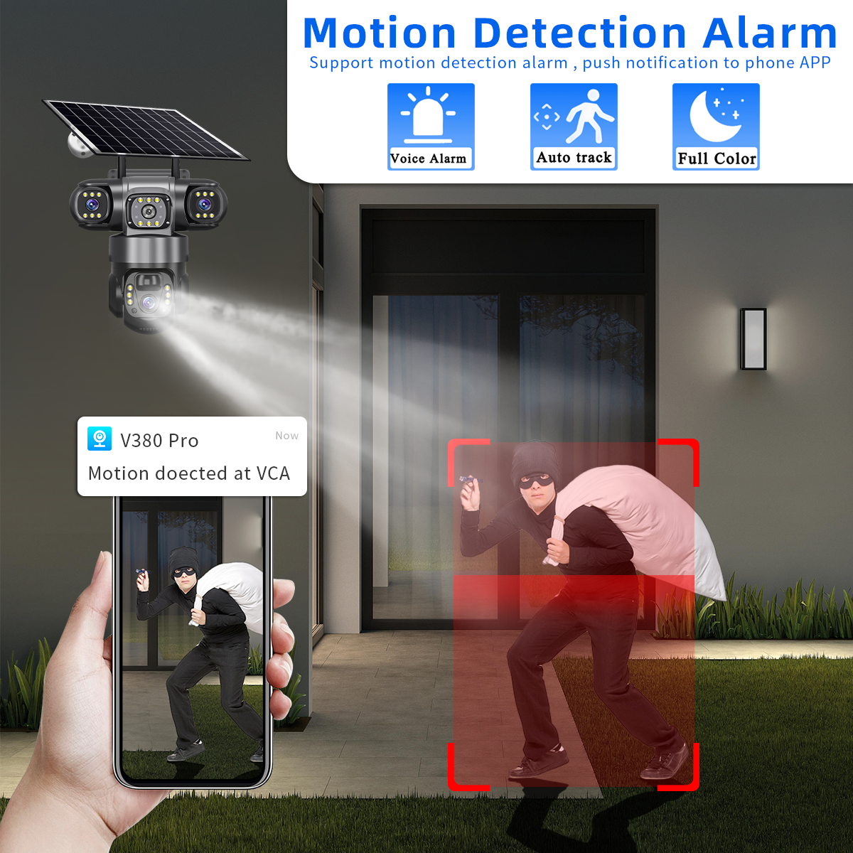 V380 PRO Wireless Solar Light Outdoor Powered 4G 3LENS AI Human Night Vision Motion Tracking Waterproof PTZ Security CCTV Surveillance LED Street Camera