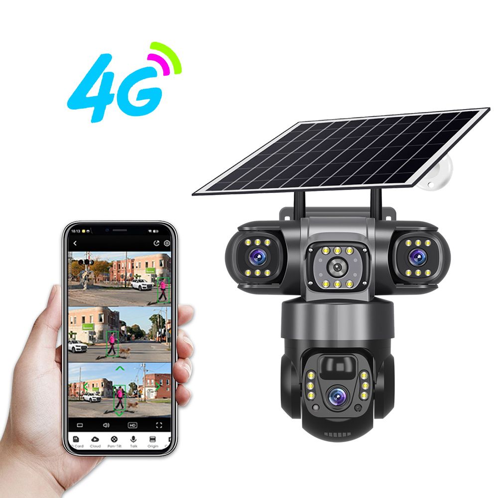 V380 PRO Wireless Solar Light Outdoor Powered 4G 3LENS AI Human Night Vision Motion Tracking Waterproof PTZ Security CCTV Surveillance LED Street Camera