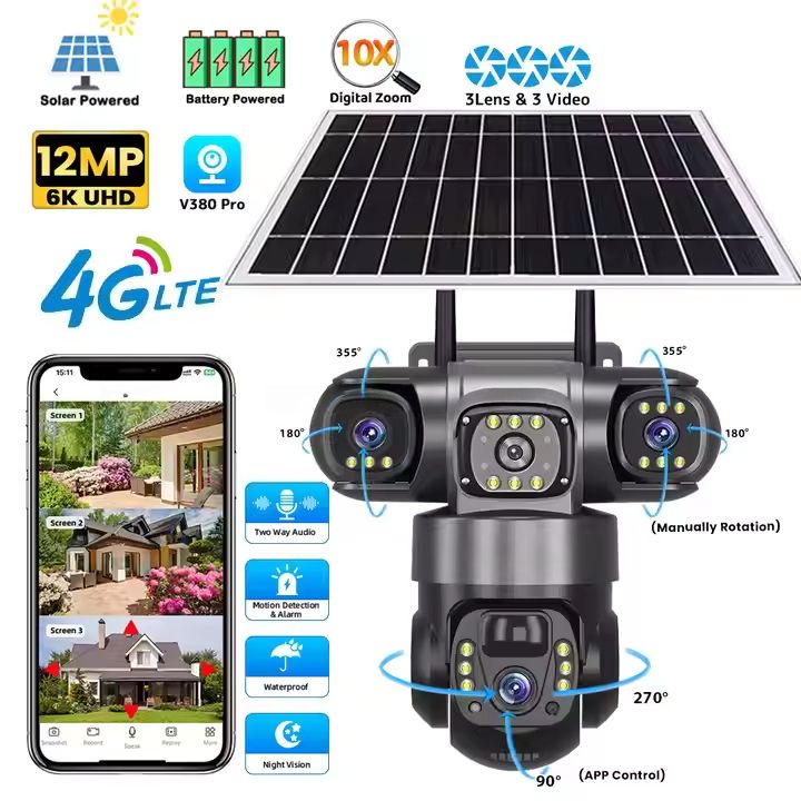 V380 PRO Wireless Solar Light Outdoor Powered 4G 3LENS AI Human Night Vision Motion Tracking Waterproof PTZ Security CCTV Surveillance LED Street Camera
