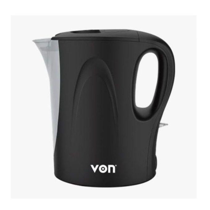 Von VSKL17BNK 1.7L Upright Cordless Electric Kettle. It has a 1.7-liter capacity and a powerful 2200W heating element for fast boiling. Key safety features include boil-dry protection and an auto