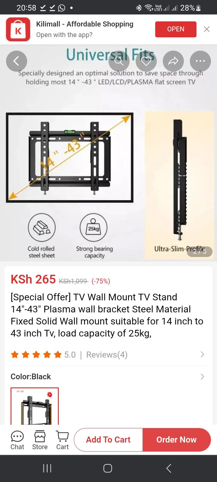(Special offer) Steel TV Wall Mount/bracket.Suitable for all smart and android flat tvs from 14"-43".Maximum load capacity 25kg