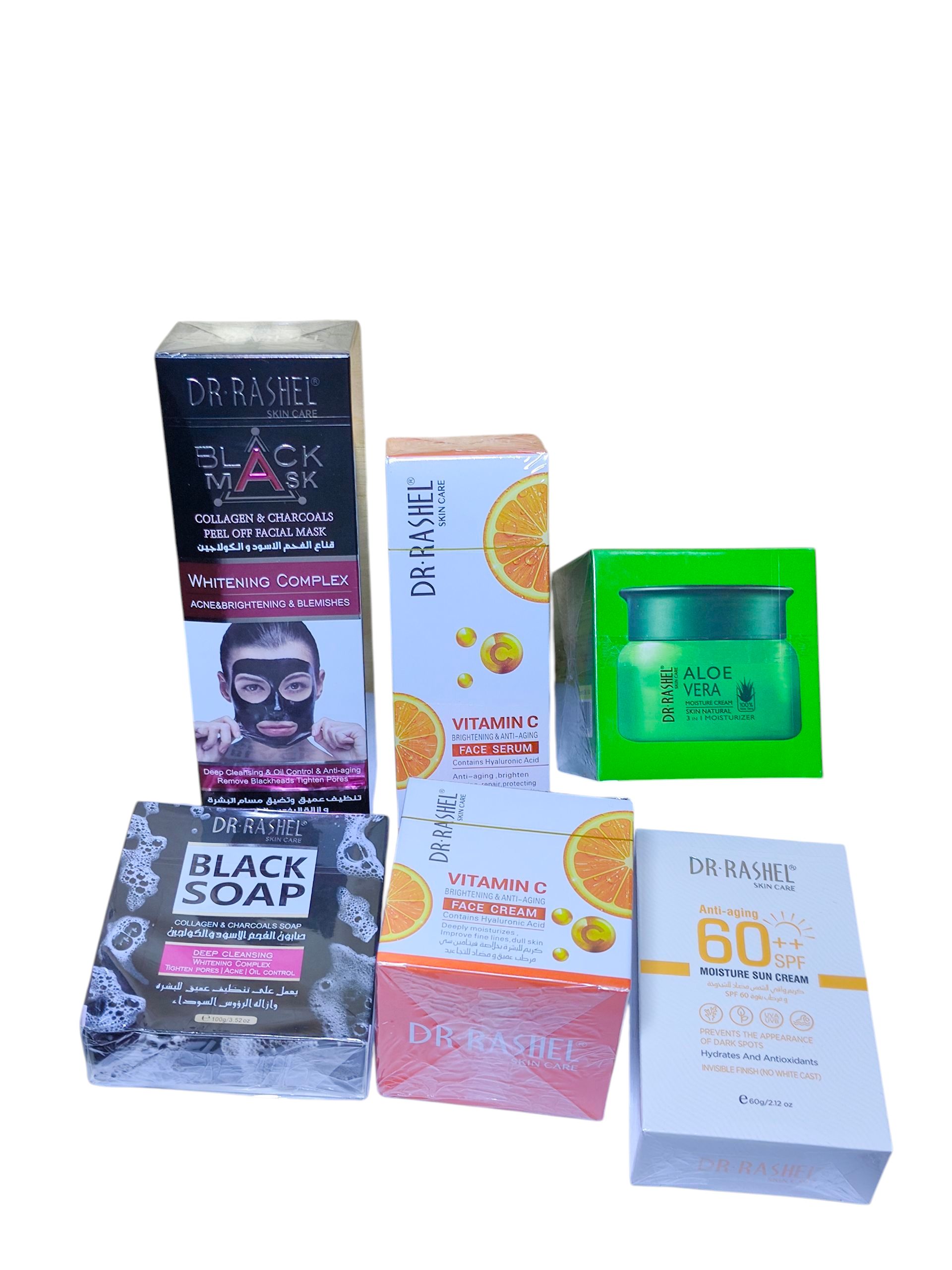 Dr Rashel 6 in 1 Complete Skin Care Kit with Face Serum, Face Cream, Sunscreen, Aloe Vera Moisturizer, Black Soap & Charcoal Black Mask – Anti Aging, Brightening & Hydrating Essentials