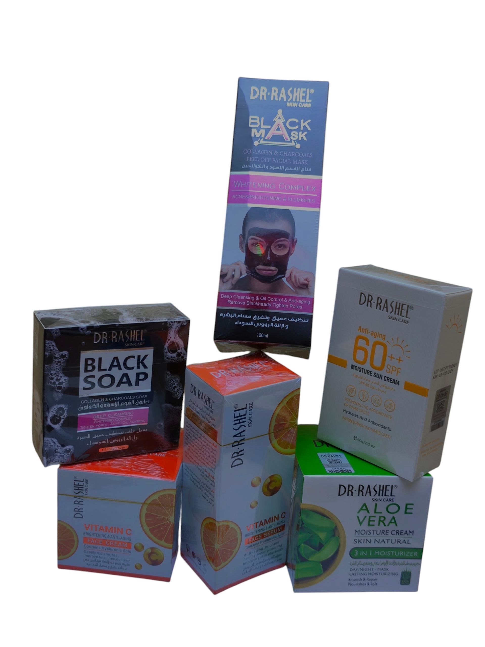 Dr Rashel 6 in 1 Complete Skin Care Kit with Face Serum, Face Cream, Sunscreen, Aloe Vera Moisturizer, Black Soap & Charcoal Black Mask – Anti Aging, Brightening & Hydrating Essentials