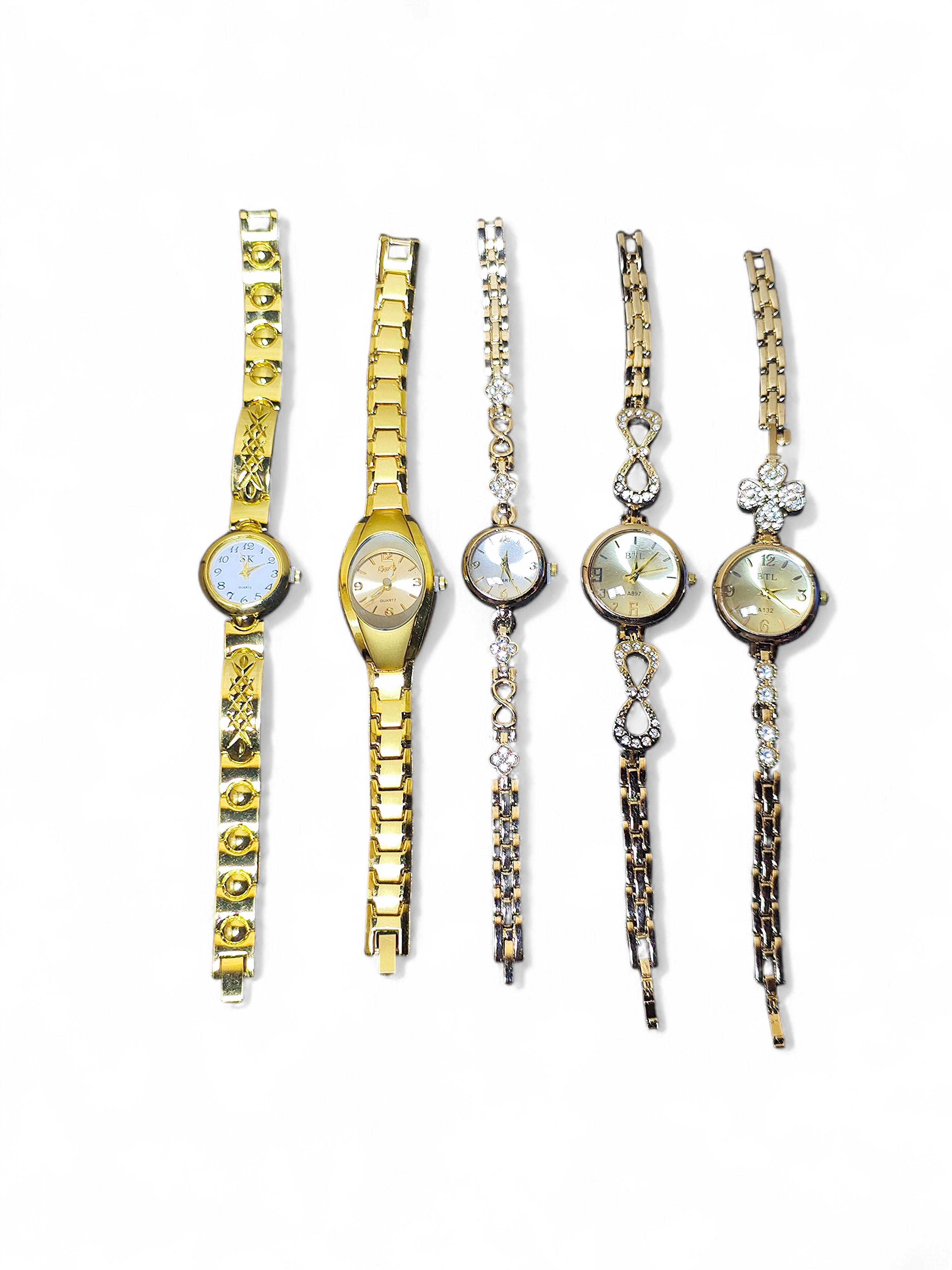 Luxury gold wristwatch set for women with crystal accents, elegant round faces, unique band designs including floral and infinity motifs, perfect fashion watches for bridal wear, party style, everyday