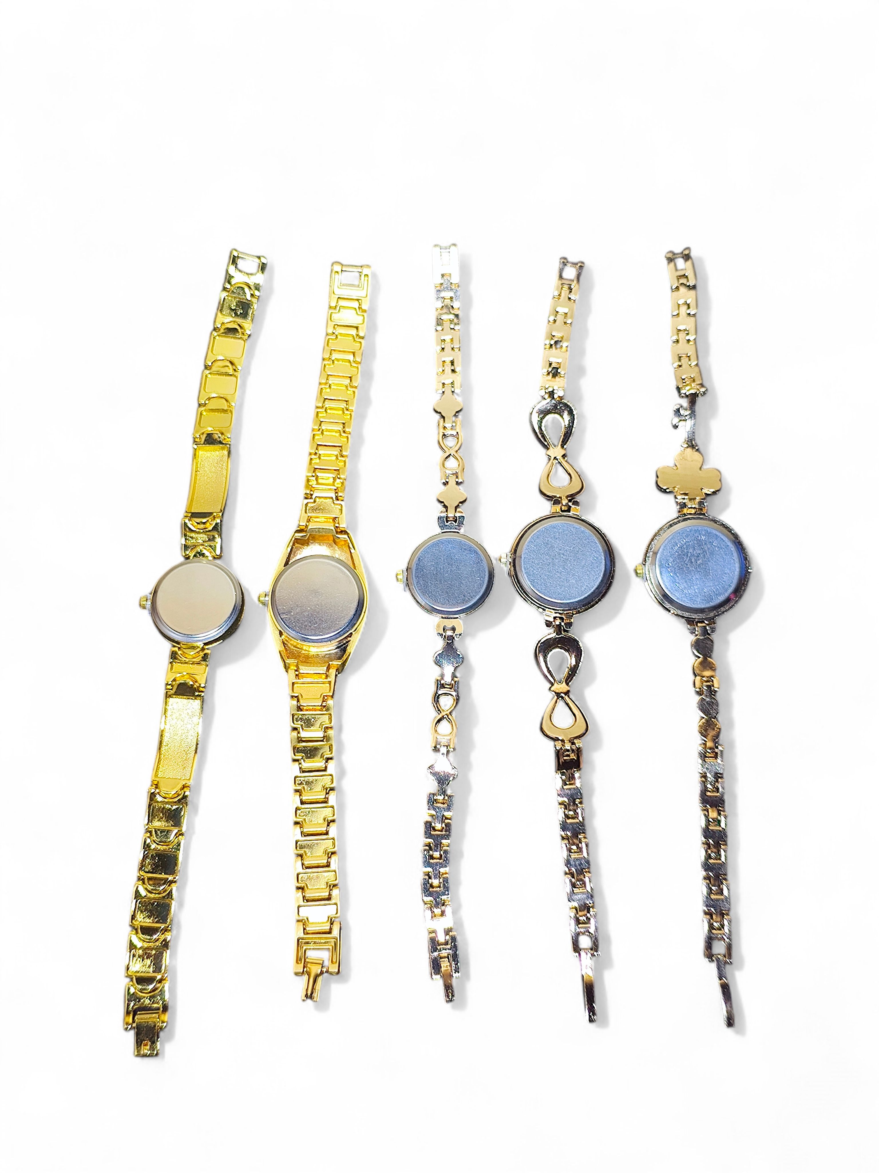 Luxury gold wristwatch set for women with crystal accents, elegant round faces, unique band designs including floral and infinity motifs, perfect fashion watches for bridal wear, party style, everyday