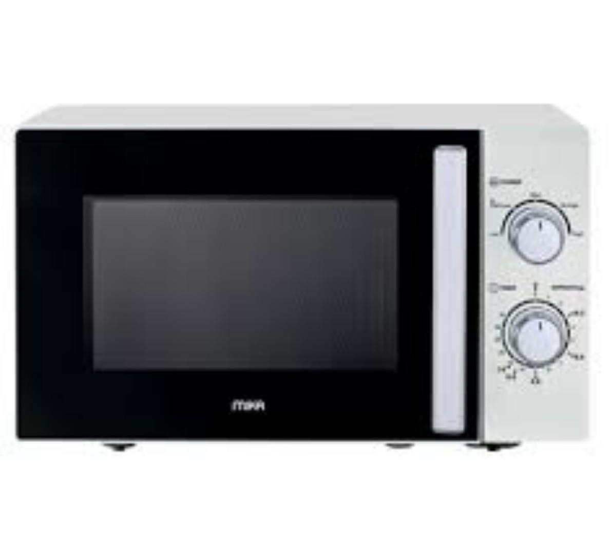 Mika manual microwave white 20 litres Output: 700W. Capacity: 20 Litres. Voltage: AC 230-240V/50Hz. Manual Control. 5 Power Level. Defrost Function. 35 Minutes Timer. Durable Glass Door With Handle