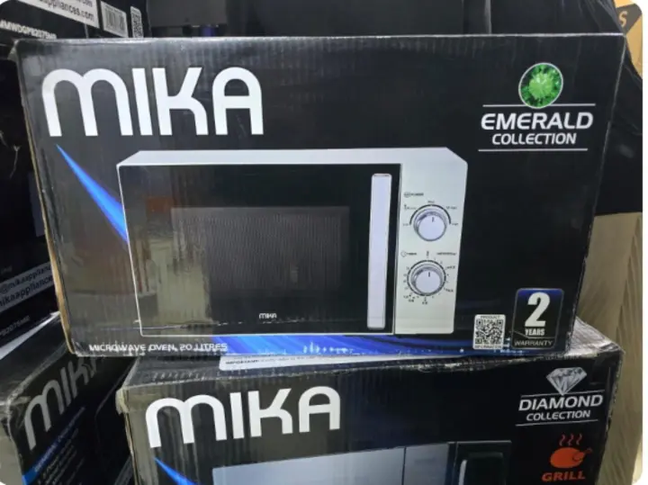 Mika manual microwave white 20 litres Output: 700W. Capacity: 20 Litres. Voltage: AC 230-240V/50Hz. Manual Control. 5 Power Level. Defrost Function. 35 Minutes Timer. Durable Glass Door With Handle
