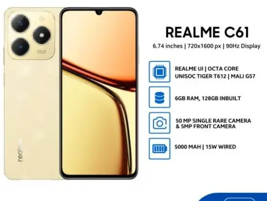 Realme C61 256GB+8GB 90Hz 6.74'' 50MP 7.84mm Thickness 5000mAh IP54 Waterproof Android 14 Type-C Dual Sim Smart Phones Face and Fingerprint Unlock phone