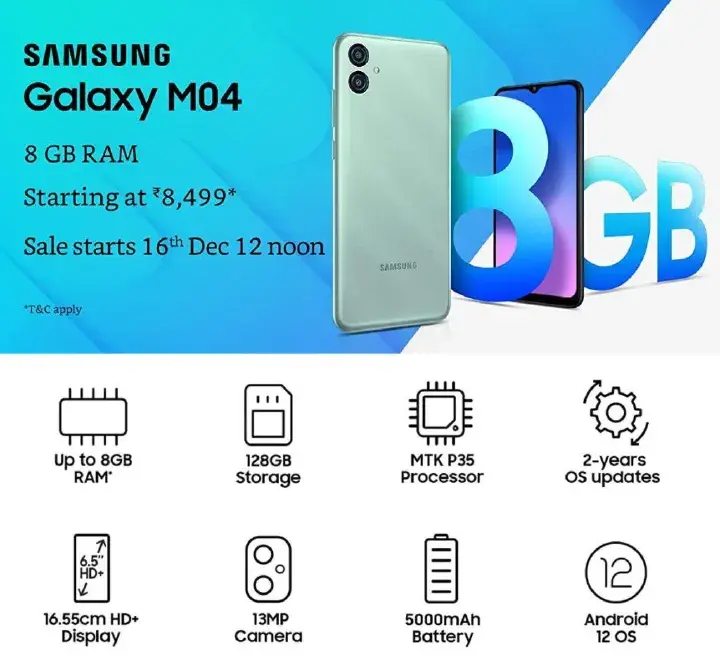 BRAND NEW!! LIMITED OFFER!!! Samsung Galaxy M04, 6.5", 128GB + 4GB RAM (Dual SIM), 5000mAh battery capacity 13mp main camera 5mp selfie camera Android Smartphone