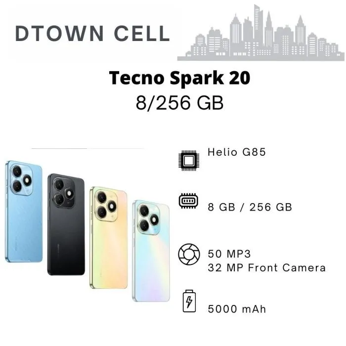 Tecno Spark 20 Smartphone 256GB ROM +8GB RAM 6.6" 50MP+32MP selfie Camera 5000mAh battery 18W Fast-charging Fingerprint Unlock Android 13 Smart phone