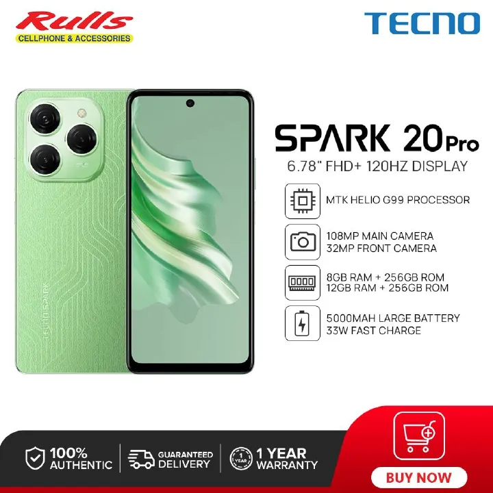 Tecno Spark 20 Smartphone 256GB ROM +8GB RAM 6.6" 50MP+32MP selfie Camera 5000mAh battery 18W Fast-charging Fingerprint Unlock Android 13 Smart phone