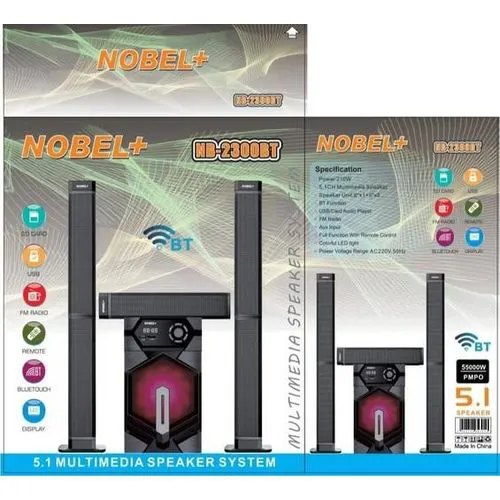 Nobel 5.1CH HOMETHEATER Bass Tallboy Speaker System, model NB-2300 55000W PMPO output Bluetooth connectivity USB port and FM radio Compatibility with PS5 Super bass capability