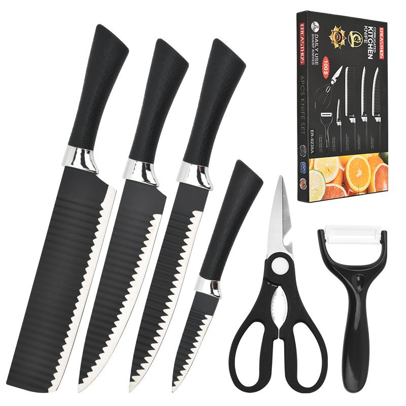 Kitchen Knife Set, Household Kitchen Knife, Cutting Knife, Fruit Knife, Golden Classic Black Horseshoe Handle, Wavy Pattern, Six-piece Set