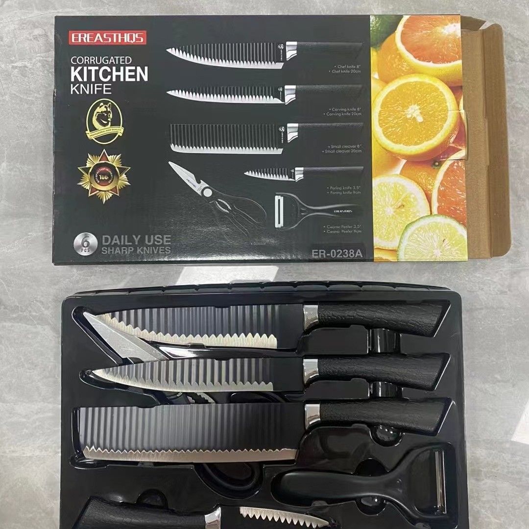 Kitchen Knife Set, Household Kitchen Knife, Cutting Knife, Fruit Knife, Golden Classic Black Horseshoe Handle, Wavy Pattern, Six-piece Set
