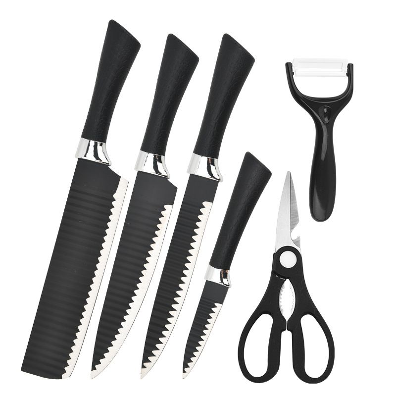 Kitchen Knife Set, Household Kitchen Knife, Cutting Knife, Fruit Knife, Golden Classic Black Horseshoe Handle, Wavy Pattern, Six-piece Set