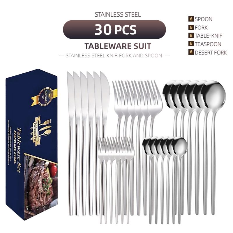 30Pcs High Quality Stainless Steel Cutlery Set Spoon, Knilte, Fork Slver/Gold