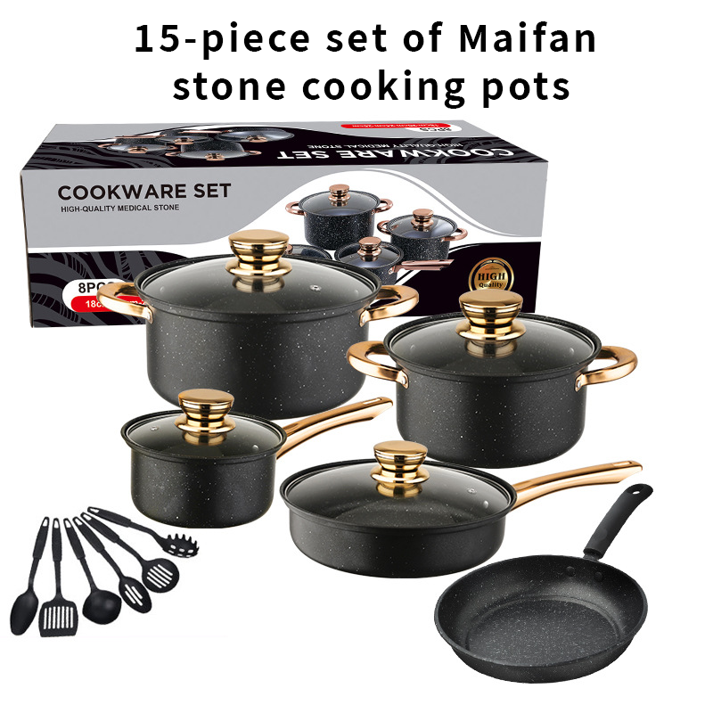 15PCS Non-stick Pan Kitchenware Cookware Set: (5 pots 4 lids) 1PCS 18CM Milk Pot 20CM Soup Pot 24CM Soup Pot 26CM Frying Pan 24CM Frying Pan Tableware) Kitchenware Set