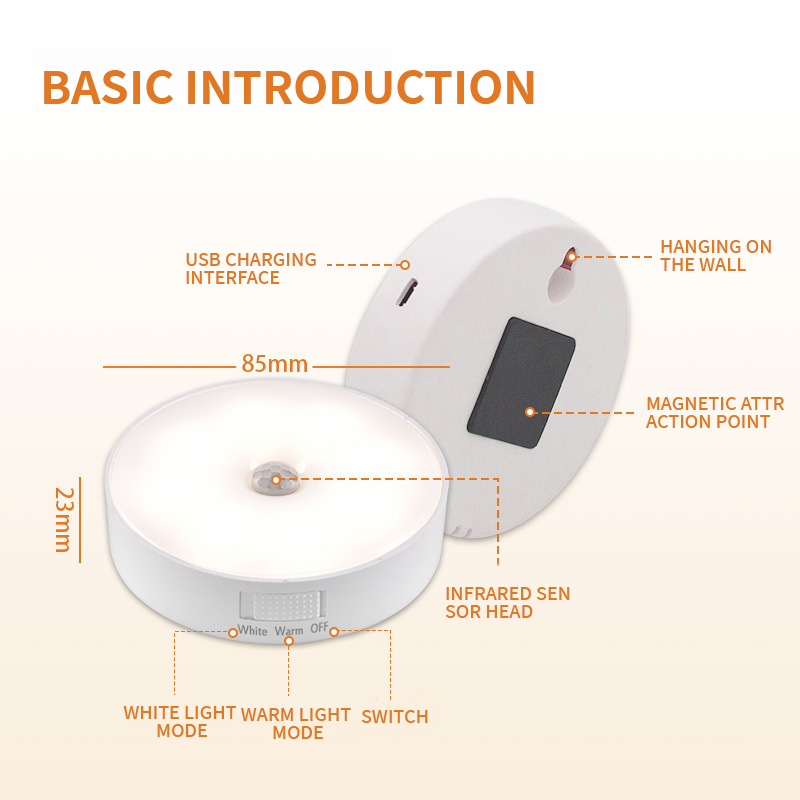 LED night light, human body induction light, three-color stepless dimming button, mobile magnetic bedside night light, USB rechargeable