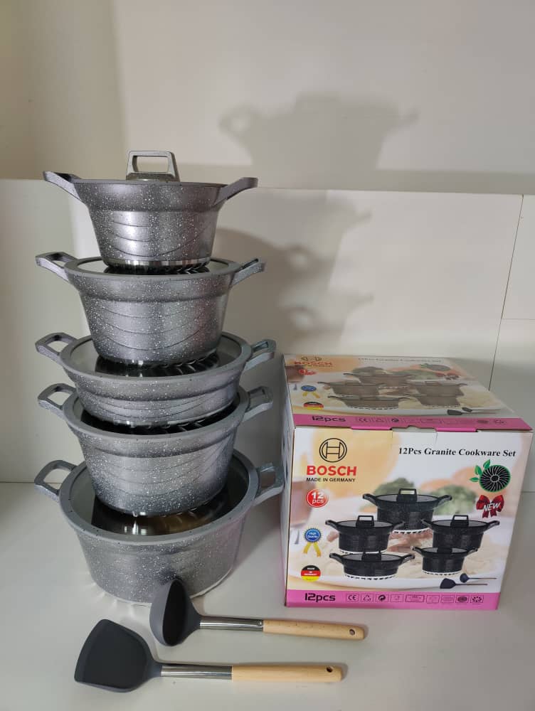 🦋PRICE DROP🎀Bosch 12PCS Granite Coated Non-Stick Cookware(Sufurias/ Cooking Pots)🦋5 pcs nonstick cooking pots
5 pcs transparent glass lid with silicon edge
2Pcs bonus and durable silicone spoons
Th