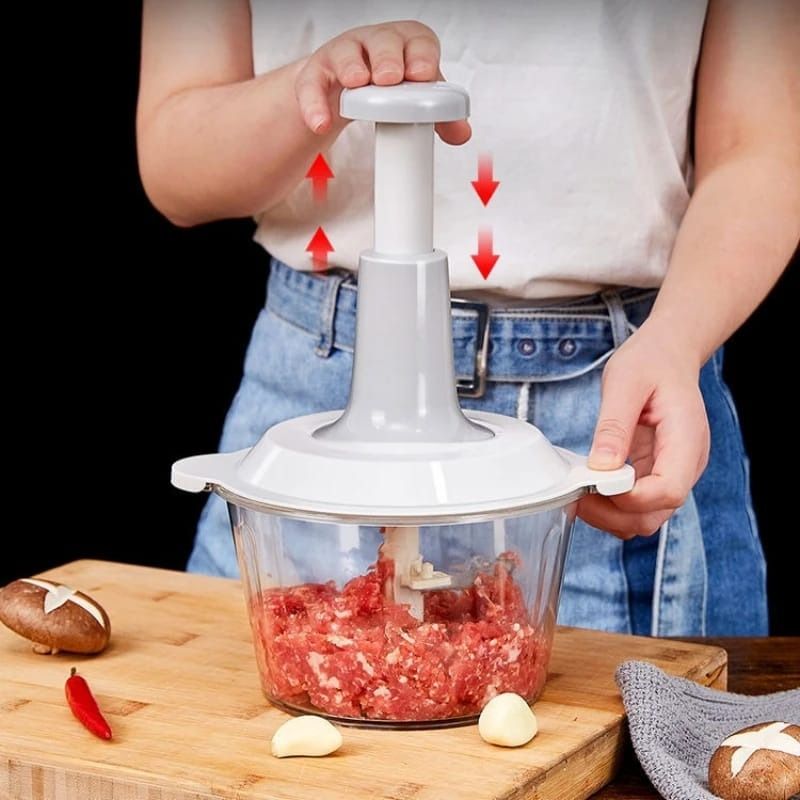 1PCS Manual Vegetable Mincer – Press Type Garlic, Meat, Onion, Vegetable Cutter Grinder & Food Chopper – Handheld Kitchen Food Processor with Whisk & Stirrer Function