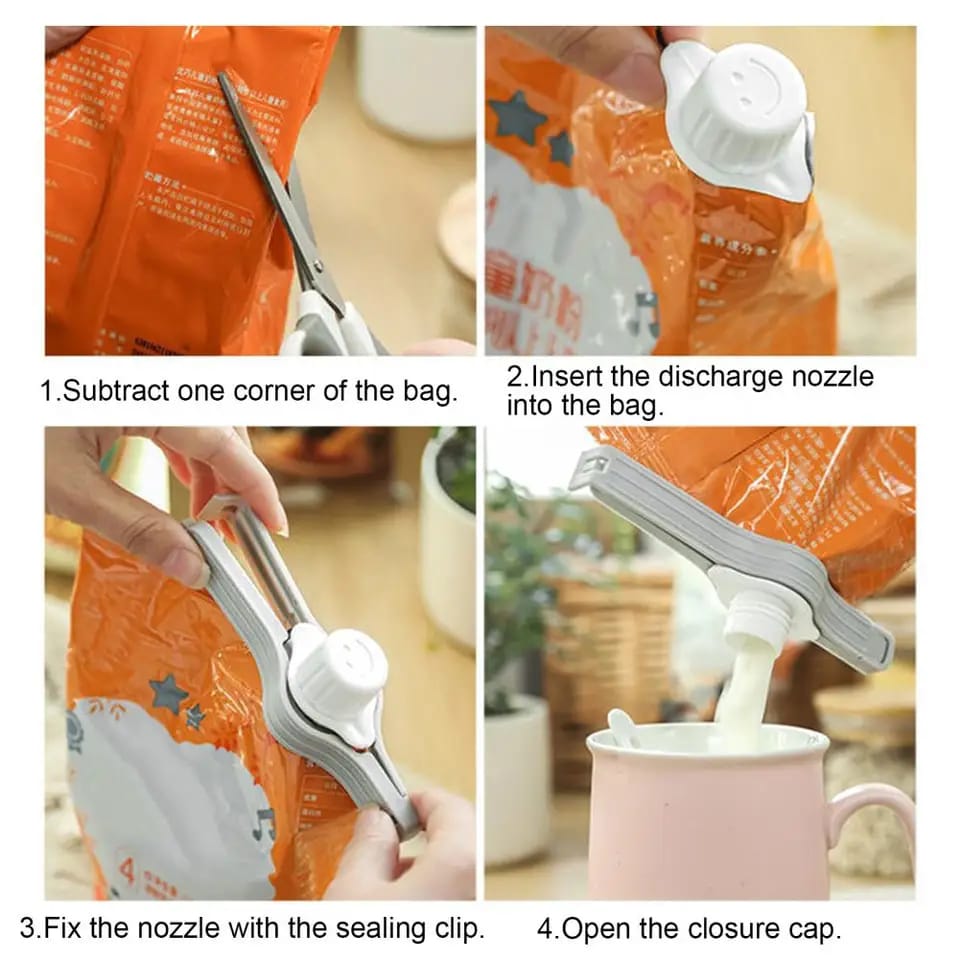 1PC Snack Packaging Bag Sealing Clip – Reusable Food Dispenser Nozzle with Lid for Chips, Tea, Coffee, Sugar & More – Airtight, Durable & Easy-to-Use Kitchen Tool