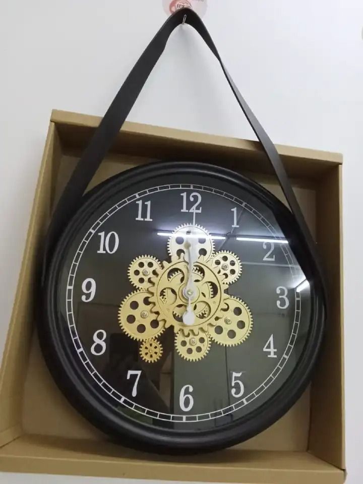 Rotating Moving Gear Wall Clock – 32cm Stylish Wooden-Look Plastic with Real Moving Gears & Belt Hanger – Unique Home, Office, Café, Bar & Lounge Decorative Wall Clock