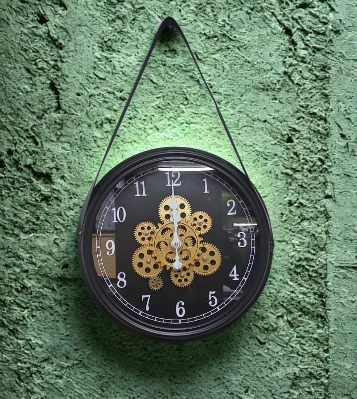 Rotating Moving Gear Wall Clock – 32cm Stylish Wooden-Look Plastic with Real Moving Gears & Belt Hanger – Unique Home, Office, Café, Bar & Lounge Decorative Wall Clock