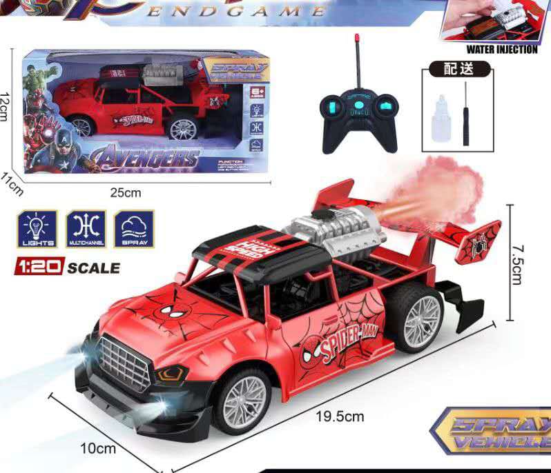 Spiderman Remote Control Car with Smoke Effects Battery Operated High-Speed Kids RC Vehicle Superhero Toy Gift Durable Rechargeable Racing Car for Boys Girls