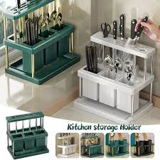 Kitchen Cutlery Holder Utensil Organizer Rack with Drain Tray – Multifunction Spoon Fork Chopstick Knife Storage Rack for Kitchen Countertop Drying Stand Organizer White or Green with Gold Stand