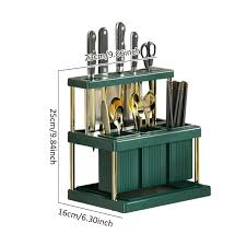 Kitchen Cutlery Holder Utensil Organizer Rack with Drain Tray – Multifunction Spoon Fork Chopstick Knife Storage Rack for Kitchen Countertop Drying Stand Organizer White or Green with Gold Stand