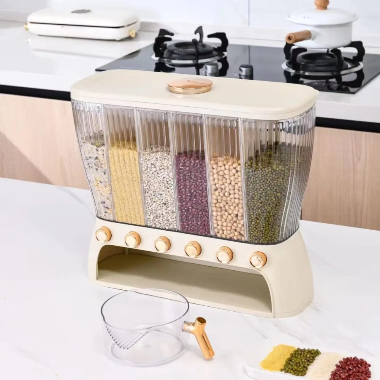 Acrylic Partitioned Rice & Cereal Dispenser – Multi-Compartment Food Storage Container for Kitchen, Breakfast, and Pantry Organization