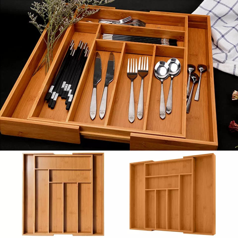 Multifunctional Bamboo Drawer & Cutlery Organizer – Expandable Kitchen Tray for Utensils, Flatware, and Silverware, Eco-Friendly Bamboo Storage Rack