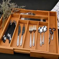 Multifunctional Bamboo Drawer & Cutlery Organizer – Expandable Kitchen Tray for Utensils, Flatware, and Silverware, Eco-Friendly Bamboo Storage Rack