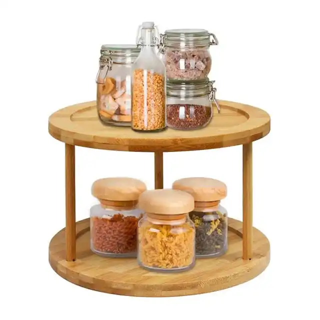 Bamboo Rotating Spice Rack Lazy Susan – 2-Tier 360° Rotating Organizer for Kitchen Spices, Jars, Condiments, and Cooking Essentials