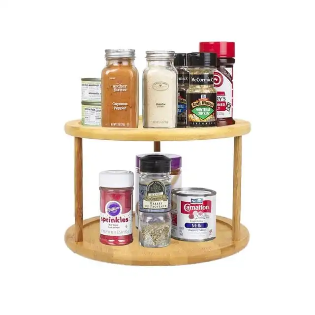 Bamboo Rotating Spice Rack Lazy Susan – 2-Tier 360° Rotating Organizer for Kitchen Spices, Jars, Condiments, and Cooking Essentials