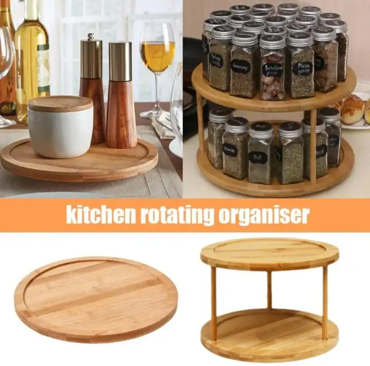 Bamboo Rotating Spice Rack Lazy Susan – 2-Tier 360° Rotating Organizer for Kitchen Spices, Jars, Condiments, and Cooking Essentials