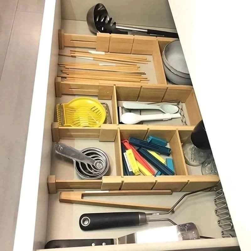 Adjustable Bamboo Drawer Divider Set with Inserts – 4PCS Expandable Kitchen Drawer Organizer, Waterproof Natural Bamboo Storage Separator for Cutlery, Utensils, Office Supplies & Closet Organization