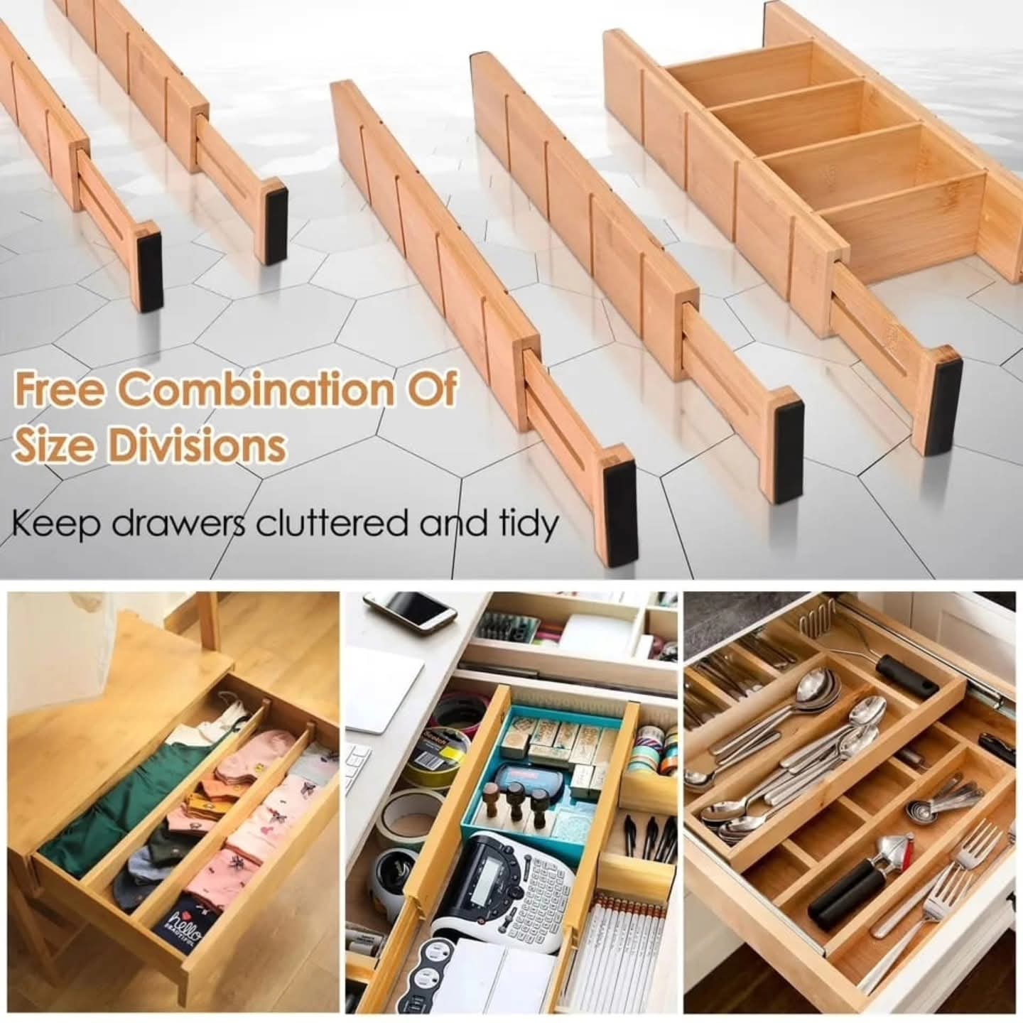 Adjustable Bamboo Drawer Divider Set with Inserts – 4PCS Expandable Kitchen Drawer Organizer, Waterproof Natural Bamboo Storage Separator for Cutlery, Utensils, Office Supplies & Closet Organization