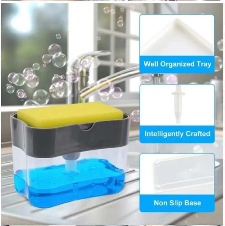 Dish Soap Dispenser with Sponge Holder – Liquid Soap Pump for Kitchen, Built-In Sponge Caddy, Convenient and Space-Saving Soap Dispenser