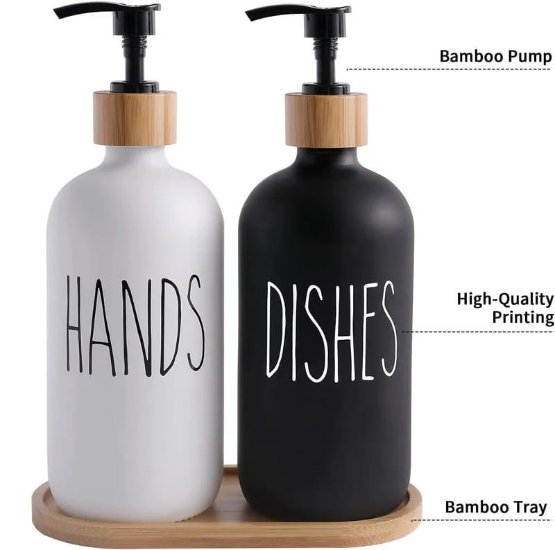 Dual Hand Wash Soap Dispenser with Bamboo Holder, Refillable Ceramic Bottle for Shampoo, Body Wash, Conditioner, Lotion, Bathroom & Kitchen Use