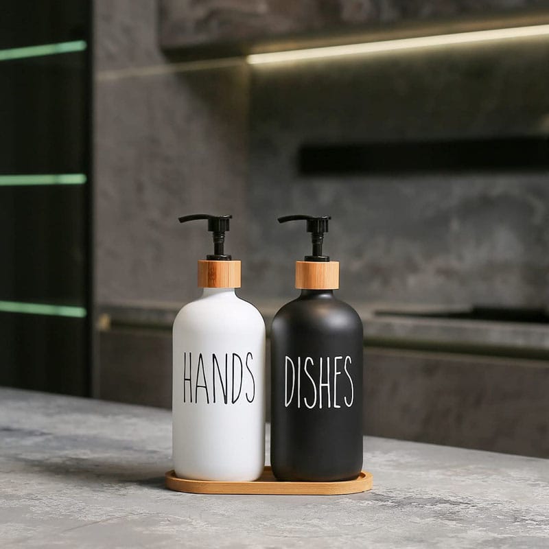 Dual Hand Wash Soap Dispenser with Bamboo Holder, Refillable Ceramic Bottle for Shampoo, Body Wash, Conditioner, Lotion, Bathroom & Kitchen Use