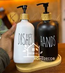 Dual Hand Wash Soap Dispenser with Bamboo Holder, Refillable Ceramic Bottle for Shampoo, Body Wash, Conditioner, Lotion, Bathroom & Kitchen Use