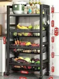 Heavy Metallic 4-Layer Vegetable Rack with Movable Wheels, Mesh Baskets & Microwave Holder, Durable Kitchen Storage Organizer