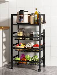 Heavy Metallic 4-Layer Vegetable Rack with Movable Wheels, Mesh Baskets & Microwave Holder, Durable Kitchen Storage Organizer