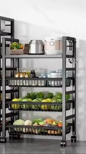 Heavy Metallic 4-Layer Vegetable Rack with Movable Wheels, Mesh Baskets & Microwave Holder, Durable Kitchen Storage Organizer