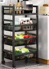 Heavy Metallic 4-Layer Vegetable Rack with Movable Wheels, Mesh Baskets & Microwave Holder, Durable Kitchen Storage Organizer